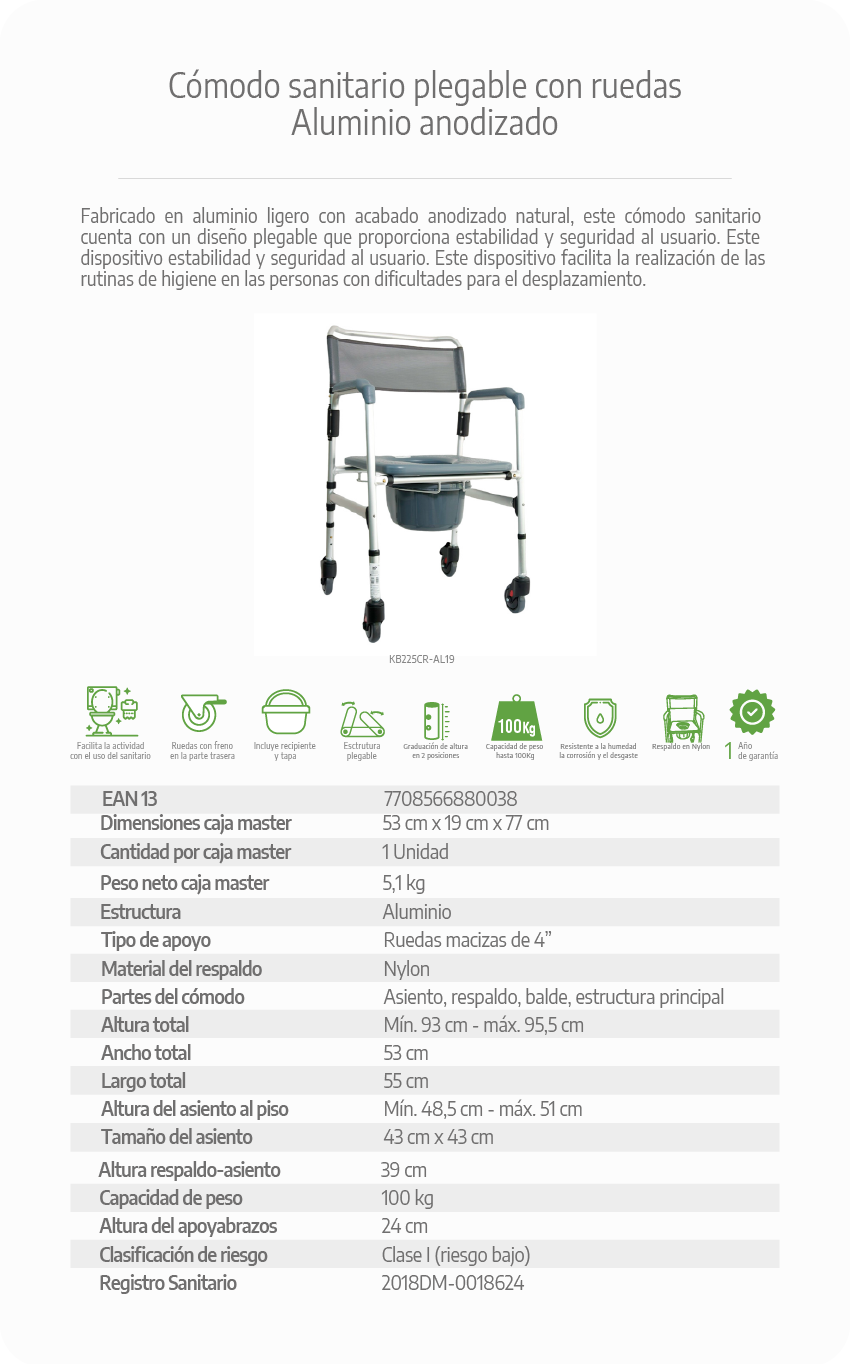 Descripción de producto de cómodo sanitario en aluminio plegable con ruedas