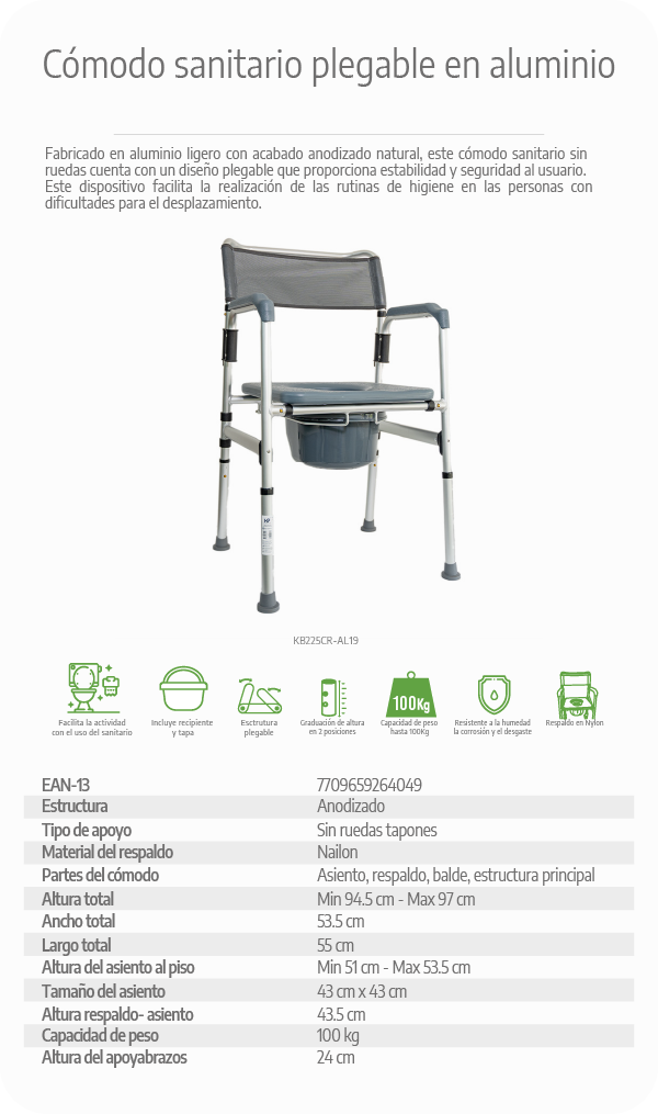 Descripcion de producto de comodo sanitario en aluminio plegable